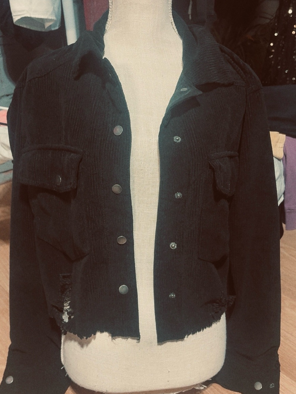 Women’s Distressed Black Corduroy Jean Jacket